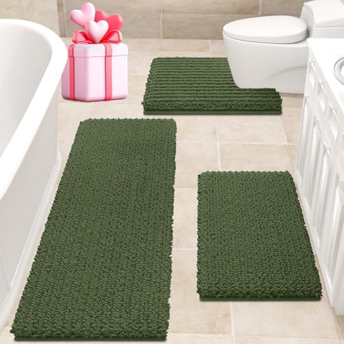 ACCUMTEK Upgrade Extra Large Oliver Green Bathroom Rug Set 3 Pieces Ultra Soft, Thick Absorbent Bath Mats, Non Slip Chenille Toilet Mat for Bathroom, Bedroom, Kitchen