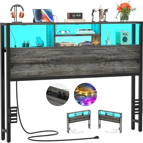 Aheaplus Headboard for Full Size Bed with Storage, Headboards with Outlets, USB Ports and LED Light, Full Size Head Board Only, Height Adjustable, Reversible, Sturdy and Stable Headboard, Black Oak