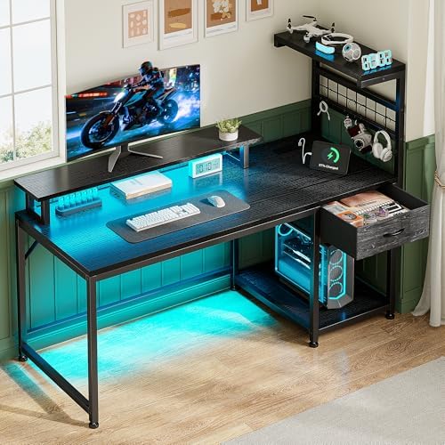 EnHomee 48" Computer Desk with Drawer & Storage Shelves, Home Office Desk with Monitor Stand, Gaming Desk with LED Lights & Power Outlets for Living Room, Study Room, Gaming Room, Black