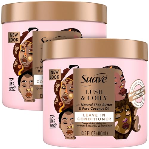 Suave Leave-In Conditioner, Lush & Coily, 2-Pack – Coconut Oil, Shea Butter & Amino Complex Natural Hair Care Products, Anti-Frizz, 13.5 Oz Ea