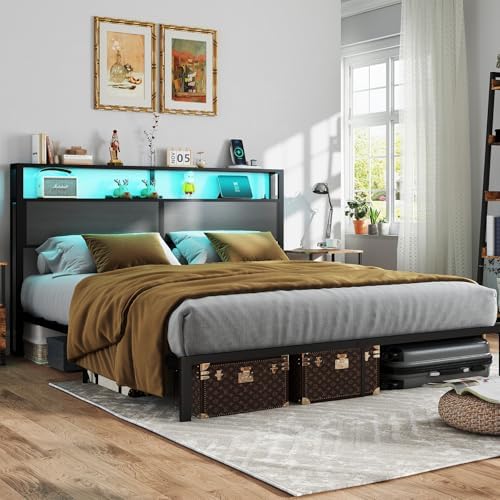 King Size Bed Frame with Headboard, Metal Platform Bed Frame with LED Lights & Charging Station, Under Bed Storage, Solid and Stable, No Box Spring Needed, Noise Free, Easy Assembly, Dark Grey