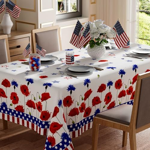 America Stars Red Blue Flowers Patriotic 4th of July Memorial Day Independence Day Tablecloth Rectangle Washable Table Covers for Home Party Decorations 60x84 Inch