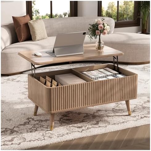 Lift Top Coffee Table, Mid Century Modern Coffee Table with Hidden Compartment, Fluted Lift Tabletop Center Table for Living Room, Home Office, Oak
