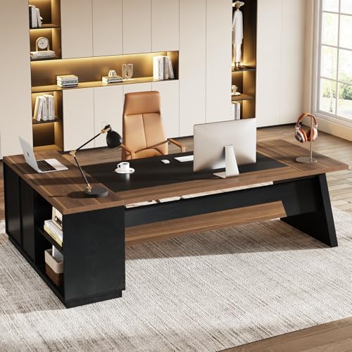 Tribesigns 78" L-Shaped Executive Desk, Large Modern Office Desk with Drawers and File Cabinet, Business Furniture with Storage Shelves, Big Computer Desk for Home Office (Light Walnut + Black)