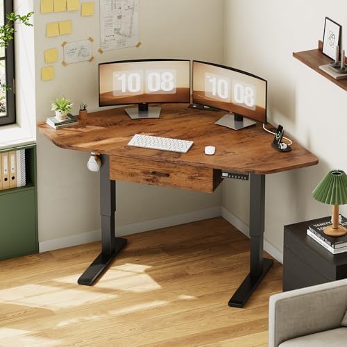 SEDETA Corner Electric Standing Desk, 32'' Small Height Adjustable Computer Desk with Drawer for Gaming, Small Space, Stand up Home Office Writing Desk, Rustic Brown