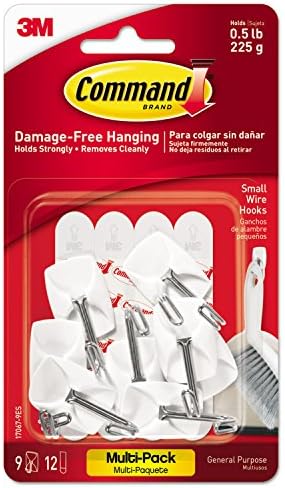 3M Command General Purpose Wire Hooks Multi-Pack, Small, Metal, White, 0.5 lb Capacity, 9 Hooks and 12 Strips/Pack