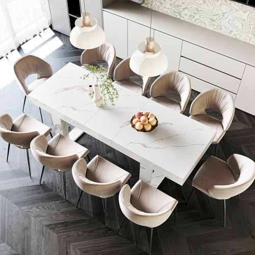 STHOUYN White Marble Extendable Dining Room Table for 8 10, 70.9" (86.6") x 31.5", Rectangle Dinner Table for 6-10, Modern Expandable Retractable Kitchen Table (White)