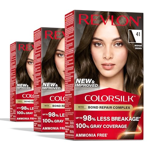 Revlon ColorSilk with Bond Repair Complex, Permanent Hair Color, 100% Gray Coverage, Ammonia Free Hair Dye, Vegan Keratin, 41 Medium Brown (Pack of 3)