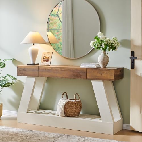 OKD 60" Farmhouse Entryway Table with Drawer, Console Table Behind Sofa, Narrow Long Entryway for Hallway, Living Room, Hallway, Behind Couch(Antique White)