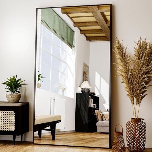 Full Length Mirror with Stand - 38"x77" Full Body Mirror for Floor, Wall Hanging or Leaning - Aluminum Alloy Frame for Living Room, Bedroom, Cloakroom - Black