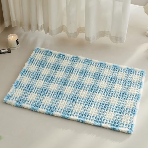 Waffle Bath Mat, Boho Bathroom Rugs Non Slip Washable Absorbent Checkered Bathroom Mat Quick Dry Cute Bath Mat, 30"x20" Blue and White