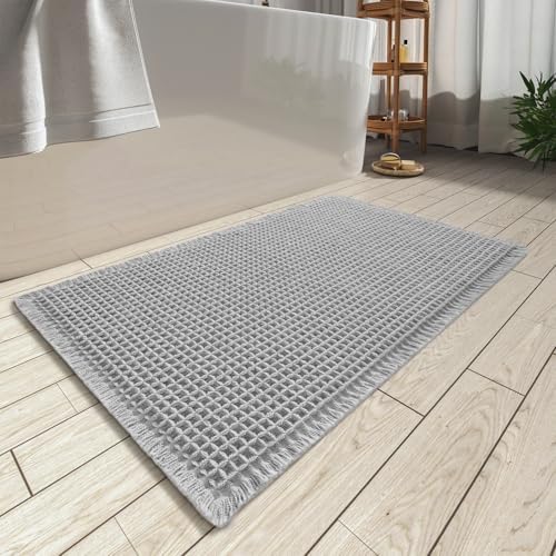AMOAMI Upgraded Waffle Bath Mat, Super Absorbent Non Slip Bath Mats for Bathroom Floor, Machine Washable Bathroom Rugs with Tassels, Rubber Backed Bathroom Mats, Ultra Soft, 24" x 36", Grey