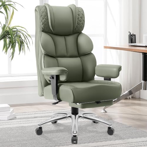 Office Desk Chair, Big and Tall Leather Gaming Chair with Footrest, Wide Ergonomic Comfy Executive High-Back Reclining Computer Chairs, Swivel Rolling Wheels and Padded Lumbar Support, Green