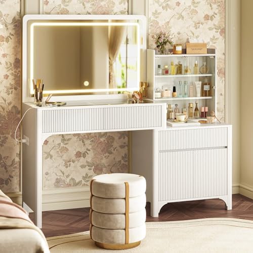 PRAISUN 55'' Large Makeup Vanity Desk with 35.4'' LED Mirror & Power Outlets, Painted Surface White Vanity with Glass Top, 3 Drawers and Cabinet, Fluted Big Vanity Table