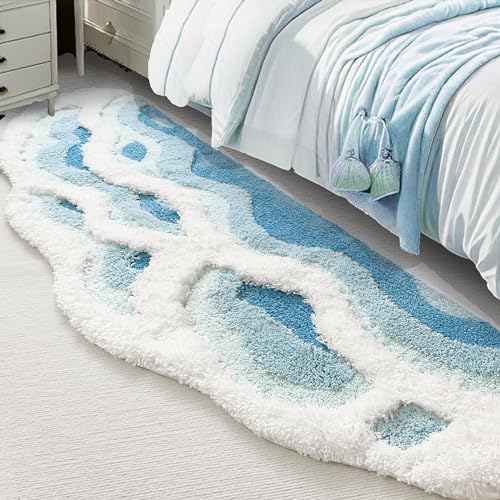 Soft Shag 3D Stereo Wave Moss Bedside Rug 20"×36" Cute Navy Blue Runner Rug Non Slip Washable Bathroom Rugs Bath Mats for Bedroom Bathroom Hallway Home Decor Indoor Doormat Shower Mat