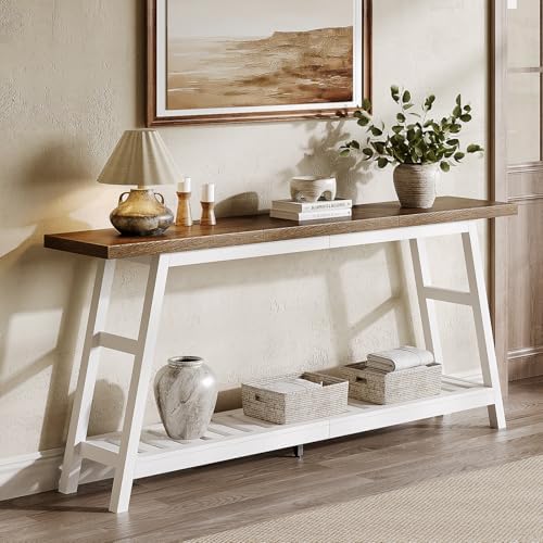 ChooChoo 70.9 Inch Long Console Tables for Entryway, Wood 2-Tier Entry Hallway Table, Narrow Sofa Table Behind Couch Table for Living Room, Entrance, White & Brown