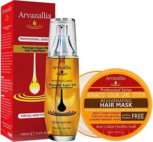 Arvazallia Rejuvenating Hair Mask and Premium Argan Oil Hair Treatment Products Bundle - Deep Conditioning, Color Protection, and Damage Repair For Color-treated Hair