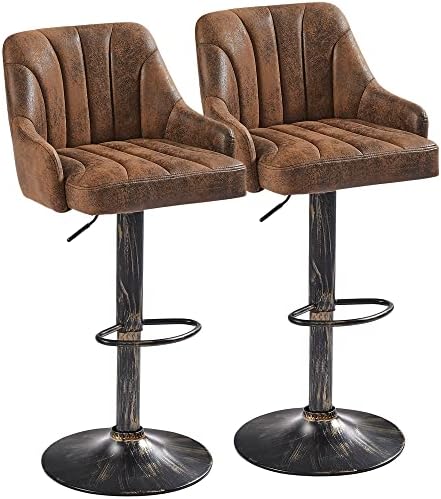 VECELO Bar Stools Set of 2, Adjustable Bar Stools Counter Height Barstools with Back and Arm, Swivel Bar Chair Stools for Kitchen Counter Island Cafe Dining Room, Industrial Style, Dark Brown