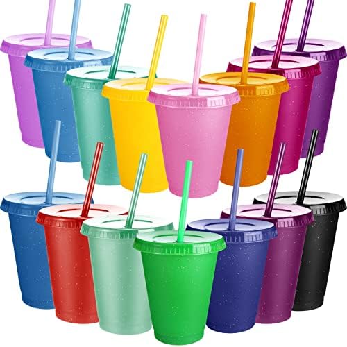 Sieral Cups with Straws and Lids Kids Tumbler with Straw Reusable Water Bottle Iced Coffee Travel Mug Adults Plastic Cups for Parties 16 oz(Cute Colors,15 Pack)