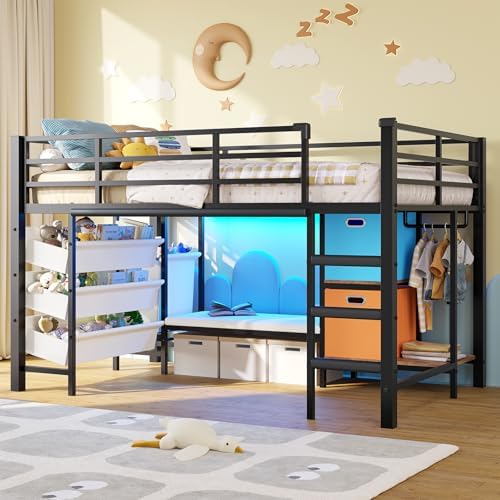 DICTAC Low Twin Loft Bed with Reading Corner,3 Sling Drawers and 2 Movable Storage Bins,Metal Twin Size Loft Bed for Kids with LED Lights and Storage Basket,13.98" H Safety Guardrail & Stairs, Black