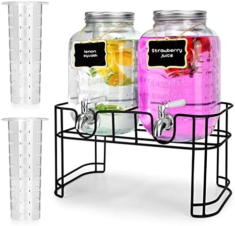 1 Gallon Glass Drink Dispensers For Parties 2PACK.Beverage DispenserοΌDrink Dispenser With Stand And Stainless Steel Spigot 100% Leakproof.Glass Drink Dispenser With Ice Cylinder. Lemonade