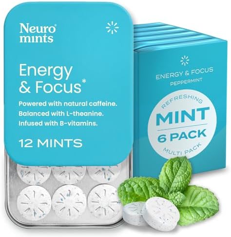 NeuroGum Energy Caffeine Mints (72 Pieces) - Sugar Free with L-theanine + Natural Caffeine + Vitamin B12 & B6 - Nootropic Energy & Focus Supplement for Women & Men - Keto & Vegan, Peppermint Flavor