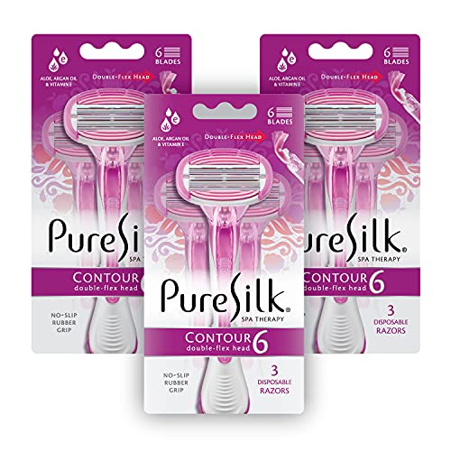 Pure Silk Contour 6 Premium Disposable Razor Value Pack Bundle (3 Packs/9 Total Razors)