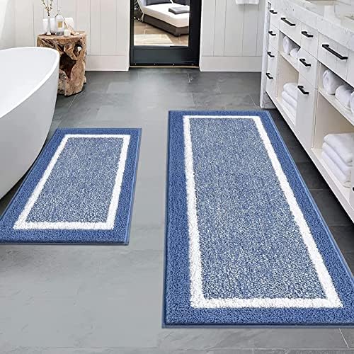 Pauwer Bathroom Rugs Sets 2Pc, Non Slip, Absorbent, Machine Washable, Blue, 18x26+18x48 inches