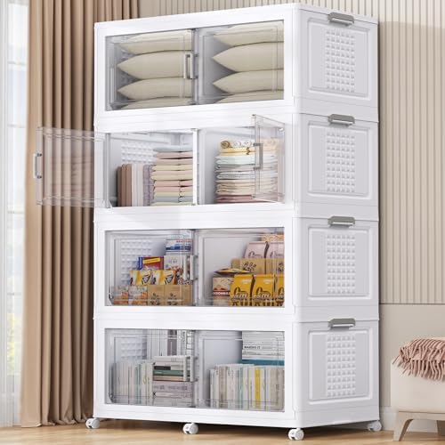 BROVIEW 800Qt Plastic Storage Bins with Lid and Wheels, 4Pack Extra Large Stackable Storage Bins with Dividers,Closet Organizers and Storage Cabinet Collapsible Box Shelves for Home Kitchen,White