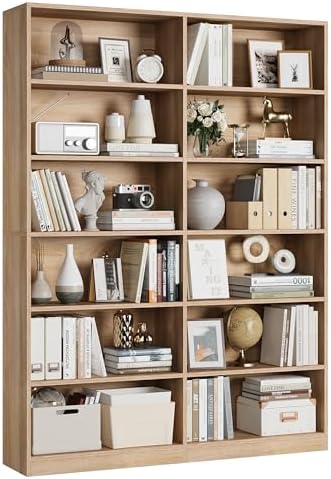 FACBOTALL Bookshelf and Bookcase, 6-Tier Double Wide Bookshelves,Freestanding Display Storage Shelves, Tall Bookcases for Home Decor Bedroom, Living Room, Home Office, Light Oak