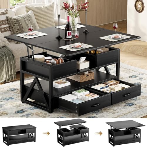 40" Lift Top Coffee Table,4 in 1 Multi-Function Lift Coffee Tables with Storage Drawers and Hidden Compartmen,Farmhouse Coffee Table with Lifting top for Living Room,Black