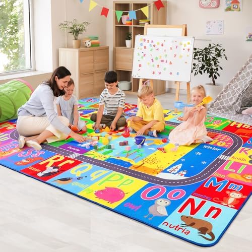 HOMORE Kids Rug, 9x12 Large Educational Rugs for Classroom Kids Collection ABC Rug for Learning Alphabet, Numbers, Colors, Season and Animal Words, Play Rugs for Playroom