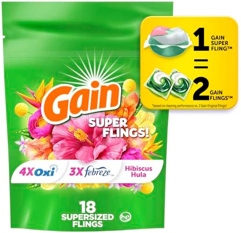 Gain Super Sized Flings Laundry Detergent Pacs, 18 Count, Hibiscus Hula Scent