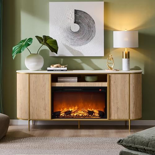 OKD Luxury 70" Fluted Fireplace TV Stand, Modern Chic Entertainment Center for TVs Up to 80 inches, TV Console with Faux Marble Top, Curved Profile Design, Media Console for Living Room, Natural Oak