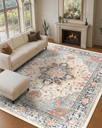 Area Rugs 9'x12' Washable Non-Slip, Floral Vintage Distress Print Pattern Medallion Carpet for Living Room Bedroom Dining Room, Beige Navy Blue Orange Colorful