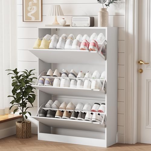 Shoe Storage Cabinet for Entryway with 3 Flip Drawers, Sturdy Wood Hidden Shoe Storage, Freestanding Narrow Slim Shoe Organizer for Front Door Entrance, Living Room, Hallway, Bedroom, White