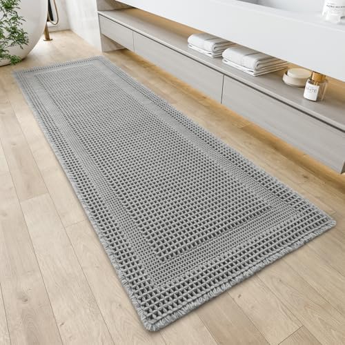 AMOAMI Waffle Bath-Mat, Absorbent Bath Mats for Bathroom Non Slip, Machine Washable Bathroom Rugs with Tassels Ultra Soft Boho Bath Rugs for Floor 2'x4'(24"x48") Grey