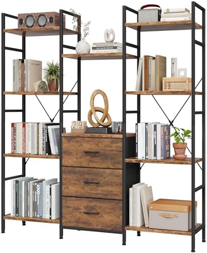 Triple Bookshelf with 3 Fabric Drawers, 4-Tier Book Shelf and 10 Display Shelves, Industrial Large Bookcase for Home & Office, Rustic Brown, 47'' Wide