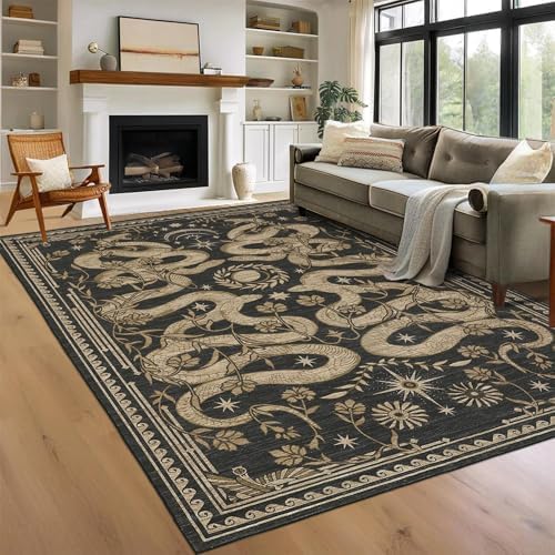 Snake Washable Rugs 9x12 Area Rug for Living Room Non Slip Forest Soft Low-Pile Stain Resistant Thin Large Throw Carpet for Bedroom Dining Room Office Dark Grey