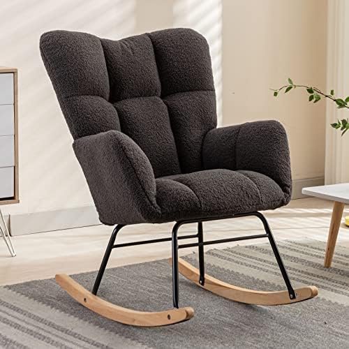 NIOIIKIT Nursery Rocking Chair Teddy Upholstered Glider Rocker Rocking Accent Chair Padded Seat with High Backrest Armchair Comfy Side Chair for Living Room Bedroom Offices (Dark Grey)
