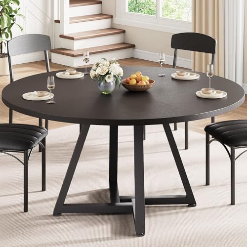 Round Kitchen Dining Room Table Circle Dining Dinner Table with Pedestal Metal Frame, Space Saving Wood Industrial Furniture for Small Space (Black, 47IN)