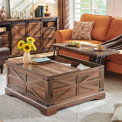 JXQTLINGMU Farmhouse Lift Top Coffee Table with Storage, 36" Wood Square Center Table with Large Hidden Compartment, Rustic Lift Tabletop Dining Table for Home Living Room, Brown