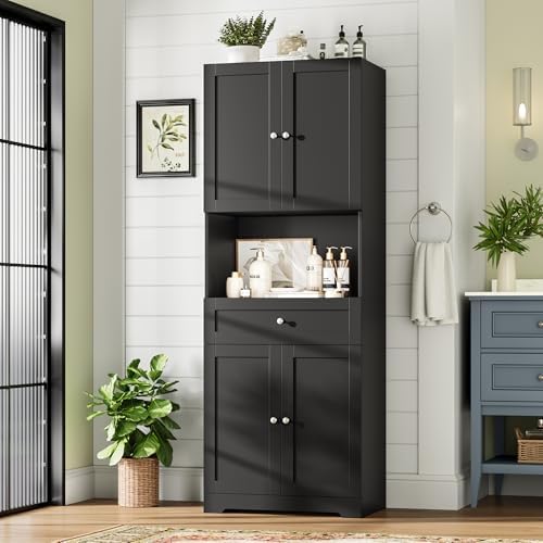 HIFIT Tall Bathroom Storage Cabinets, Modern Linen Storage Cabinet with 4 Doors & Shelves & Drawer, 67" H Tall Storage Cabinet Freestanding for Bathroom, Living Room, Kitchen & Dining, Pantry, Black