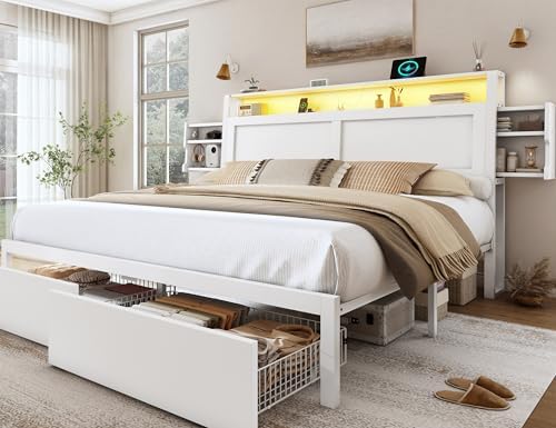 LARMACE Queen Size Bed Frame with Storage Drawers and Ergonomic Headboard,2-Tier Hidden Storage,Wooden Platform Bed Frame with Charging Station and LED Lights,No Box Spring Needed,Easy Assembly,White