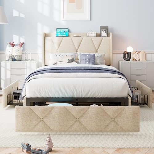iPormis Twin Bed Frame with 3 Storage Drawers, Upholstered Platform Bed Frame with Charging Station, Wingback Storage Headboard, Easy Assembly,Noise-Free, Beige