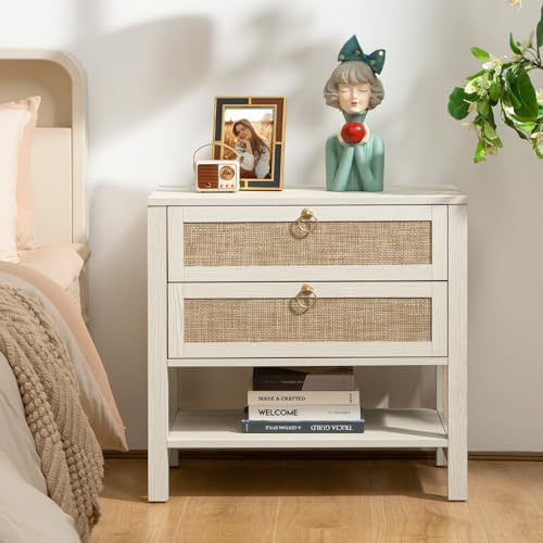 SICOTAS White Night Stand with Drawers and Storage Shelf - Large Nightstands Rattan Decor Boho Bedside Table Narrow Side Table for Bedroom, Small Space