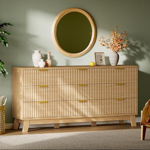 Fluted Dresser with 9 Drawers, 63" Wide Modern Chest of Drawers with Metal Handle, Wooden Dresser TV Stand, Wood Closet Clothes Storage Organizer for Bedroom, Living Room, Hallway, Natural Oak