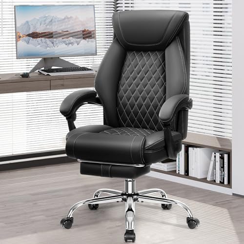 Office Chair, Executive Leather Chair Adjustable High Back, Ergonomic Computer Desk Chair Lumbar Support, Big and Tall Office Chair with Footrest, Comfy Reclining Chair for Home Office