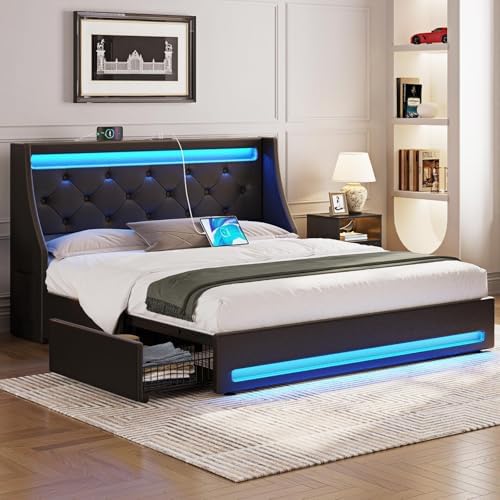 Rolanstar Full Bed Frame with LED Lights and Charging Station, PU Leather Bed with Drawers, Wooden Slats, Noise Free, Easy Assembly, Black