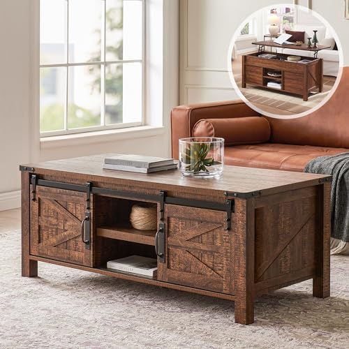 OKD 48" Farmhouse Lift Top Coffee Table with Sliding Barn Door,Rustic Center Table with Hidden Storage Compartment,Lifting Tabletop and Adjustable Shelf for Living Room,Office,Reclaimed Barnwood